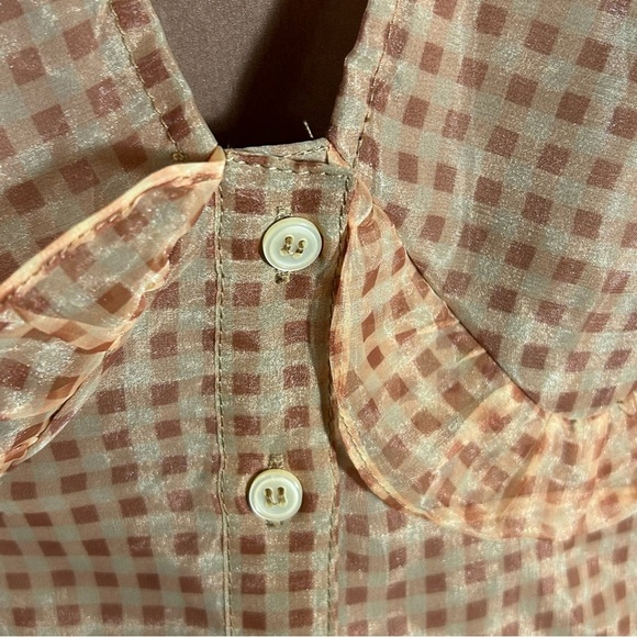 En Saison Size L Check Print Sheer Long Sleeve Blouse Ruffle Collar Lined Button - Picture 7 of 13